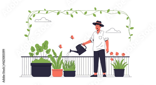 Man Waters Plants On A Balcony Garden, Vector Illustration Of Home Gardening