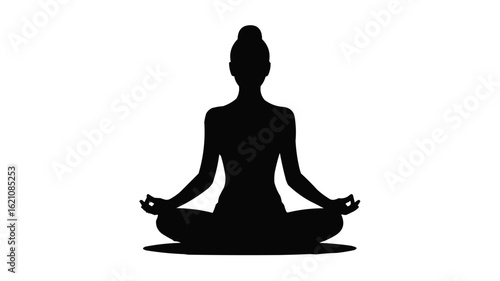 Silhouette of a woman in a lotus position meditating with hands in mudra against a white background on transparent background