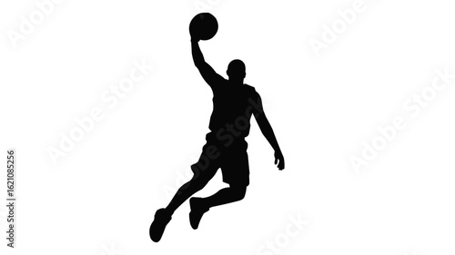 Silhouette of a basketball player in mid air about to dunk the ball with his right hand extended on transparent background