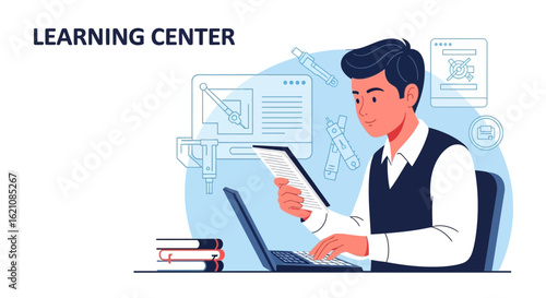 Man Working At Desk In Learning Center With Blueprint On Screen Vector