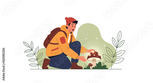 Man discovering mushrooms in the forest, a whimsical adventure illustration