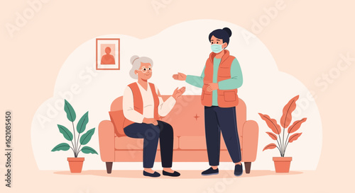 Medical Assistance Nurse Visiting Senior Woman In Her House Conversation