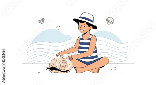 Joyful Boy Examining Seashell at Beachfront Enjoying Summer Day Holiday