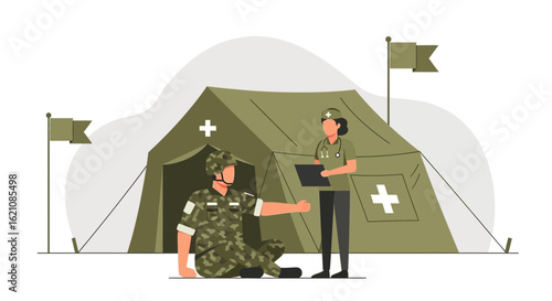 Medical Assistance Provided To Injured Soldier Near Field Hospital Tent