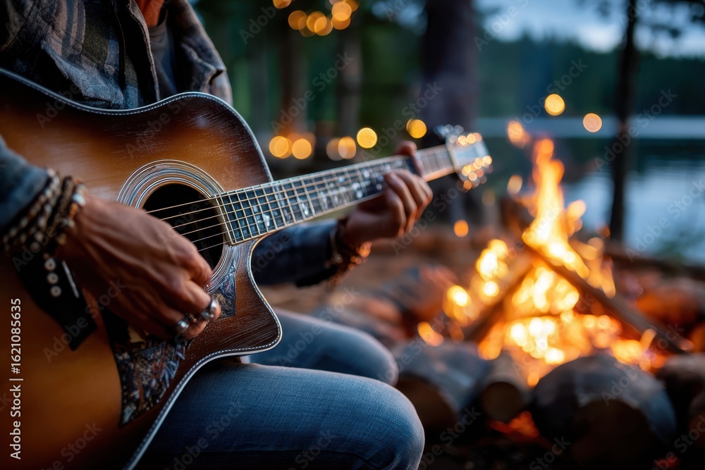 Obraz premium Campfire gathering with acoustic guitar music by the lake at twilight