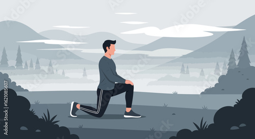 Man Doing Lunges On Outdoor Trail Surrounded By Misty Mountain Landscape