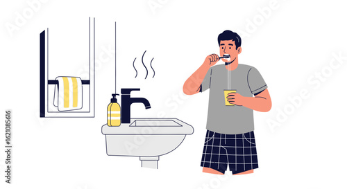 Man Doing Morning Routine Brushing Teeth In The Bathroom At Home