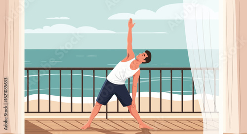 Man Doing Morning Yoga on a Balcony with Ocean View In Summer Time