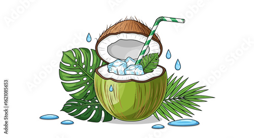 Refreshing tropical coconut drink illustration. Features ice, straw, and lush palm leaves. Ideal for summer, vacation, and healthy themes.