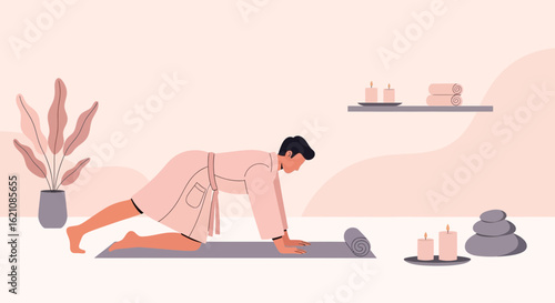 Man Doing Morning Routine in Spa with Candles and Stones Balance