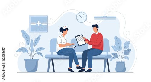 Medical Consultation With Nurse And Patient In Hospital Waiting Area Illustration