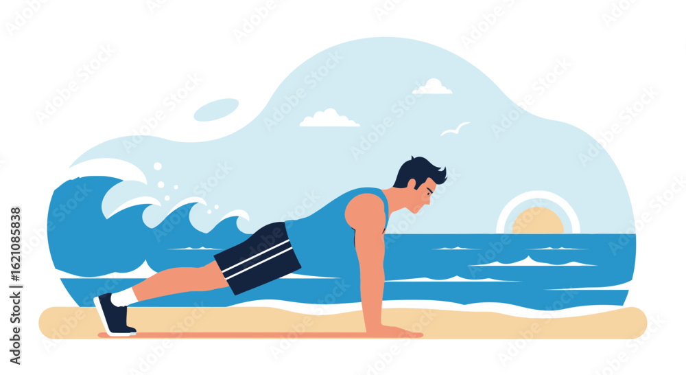Fototapeta premium Man Doing Pushups on Beach With Waves During Sunrise, Healthy Lifestyle