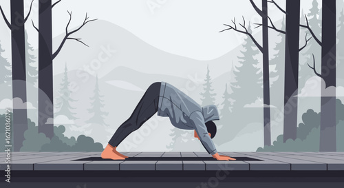 Man Doing Yoga Downward Facing Dog Pose Outdoors In Forest Setting