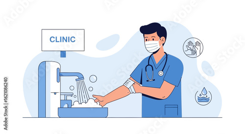 Medical Professional Washing Hands At Clinic Sink Promoting Hygiene Practices