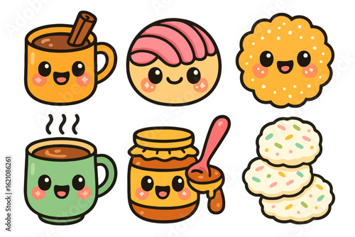 Cute pastel cartoon Mexican drinks and desserts like champurrado, cajeta, and cocadas. Ideal for kawaii culinary prints, party packaging, and stock art.

