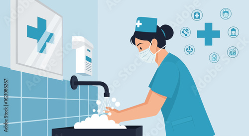 Medical Professional Washing Hands In Hospital For Sanitation Awareness Concept