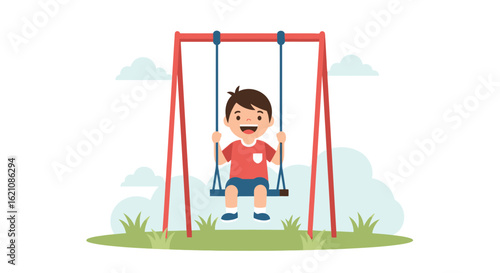 Joyful Child On Swing Set Having Fun In The Park With Cartoon Illustration