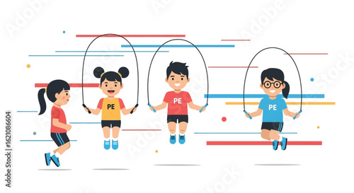 Joyful Children Exercising With Jump Ropes In Colorful Modern Physical Education Class