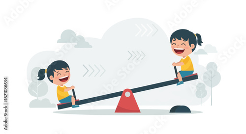 Joyful children playing on a seesaw with trees and cloud background, a playful illustration