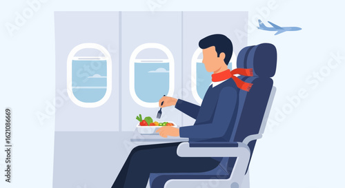 Man Enjoying Healthy Meal During Flight Traveling Comfortably On Commercial Plane