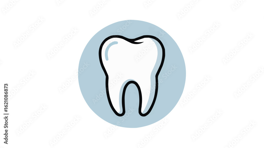 Illustration of a single white tooth with black outline inside a light blue circle background design on transparent background Illustration of a single white tooth with black outline inside a light blue circle background design on transparent background