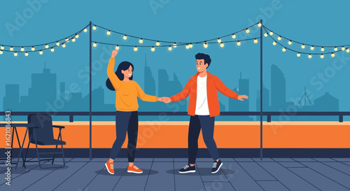 Joyful couple dances together under the string lights against a cityscape backdrop happy celebration and carefree moments