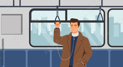 Man Enjoying Music During City Commute In Subway Train