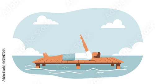 Man Enjoying Peaceful Day Lying On Wooden Dock Sunbathing Relaxing Summer