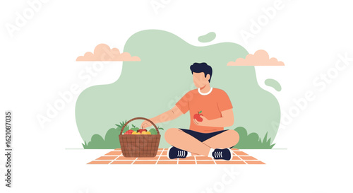 Man Enjoying Outdoor Leisure Time And Healthy Eating With a Picnic Basket