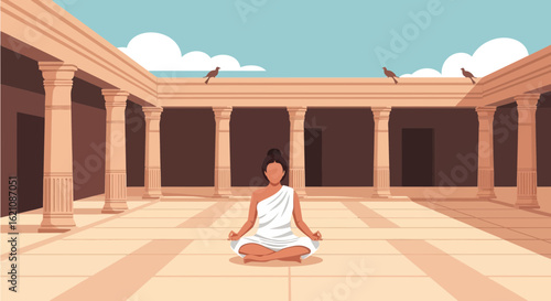 Meditative State In Ancient Courtyard Setting Under A Bright Blue Sky