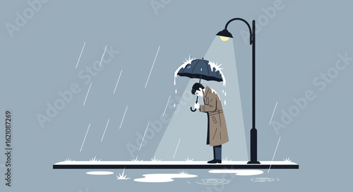 Melancholic Depression Illustration Of A Man Standing Under The Rain Holding Umbrella