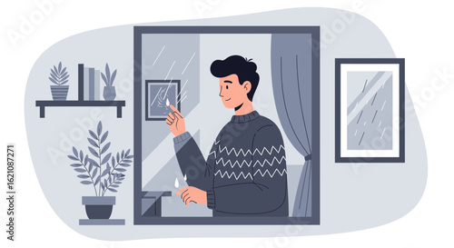 Melancholic Daydreaming: Man Observing Raindrops On Window Pane Indoors