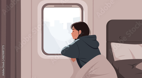 Melancholic Girl Watching Through Window At Early Morning From Her Bed