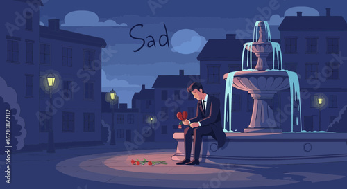 Melancholic illustration depicting a heartbroken man in a somber urban setting at night