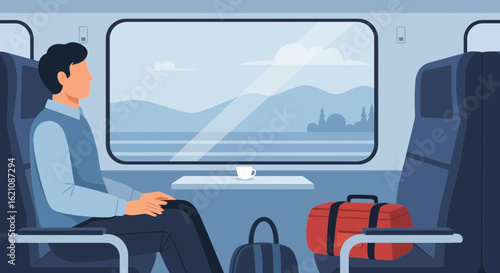 Man Enjoying Train Journey While Admiring Picturesque Landscape Through The Window