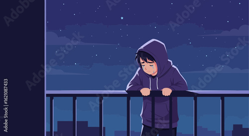 Melancholy Night View Of A Sad Teenager On Balcony Overlooking The City