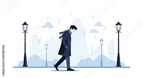 Melancholy Stroll Through City In Light Rain With Vintage Lampposts