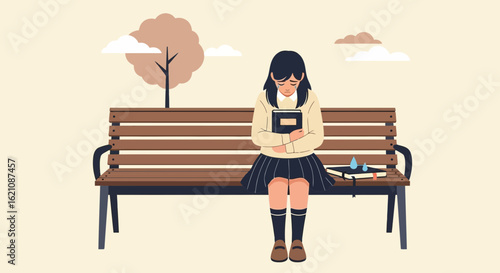 Melancholy Student Sitting on Bench Hugging Book with Tears in the Park