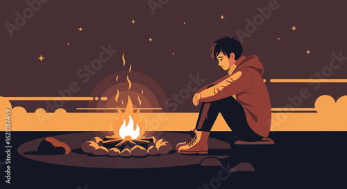 Melancholy Reflections Under Starry Skies By Campfire In A Quiet Solitude Moment