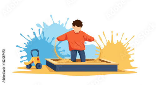 Joyful Kid Playing With Sand In Sandbox At Park During Summer Time