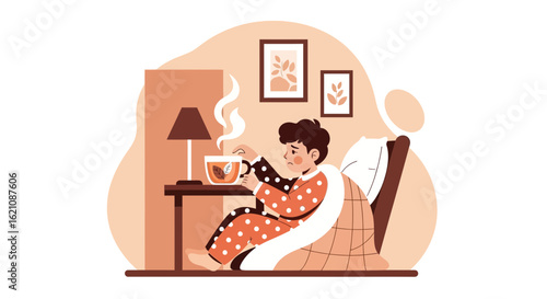 Man Having Tea And Feeling Unwell Sitting Covered With Blanket At Home