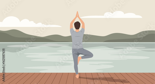 Mindful Man Practices Tree Pose Near Serene Lake For Peaceful Wellness