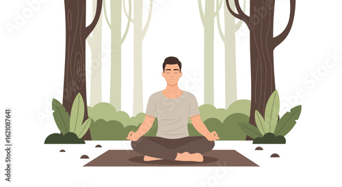 Mindful Man Practicing Meditation Outdoors In Natural Environment And Serenity