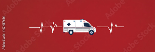 An ambulance with an EKG heart rhythm symbol indicating emergency medical services and urgent healthcare on a red background. Symbolizes life-saving care.