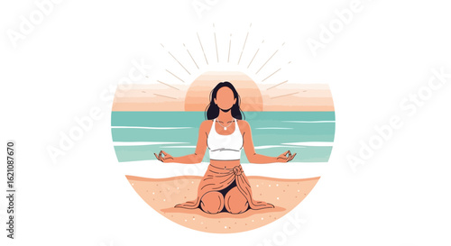 Mindful Meditation At The Beach With A Radiant Sun And Serene Ocean View