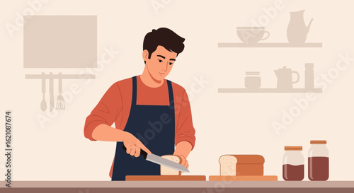 Man In Apron Slicing Bread In Bright Kitchen For Healthy Breakfast