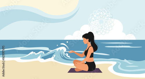 Mindful Meditation On Peaceful Beach Promoting Wellness And Calmness