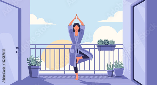 Mindful Morning: A Woman Practicing Yoga On Her Balcony In The Sunlight