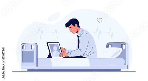 Man in hospital bed looking at tablet, portraying loneliness and isolation theme