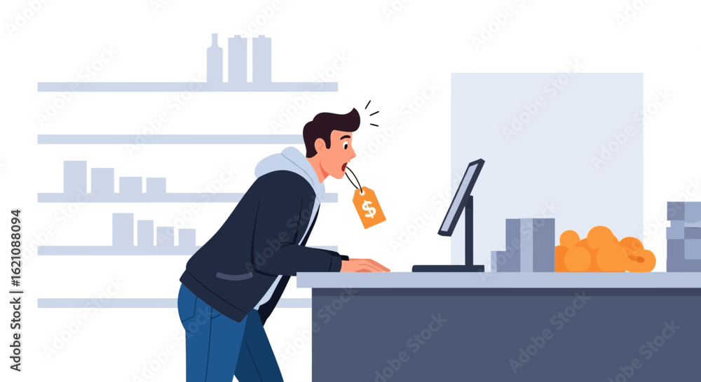 Fototapeta premium Man is shocked by the online price while biting a sale tag in a supermarket interior showing online price shock and retail illustration
